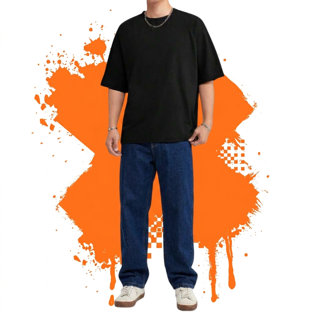 Black Down Shoulder T-Shirt & Light Blue Baggy Jeans - Image 7