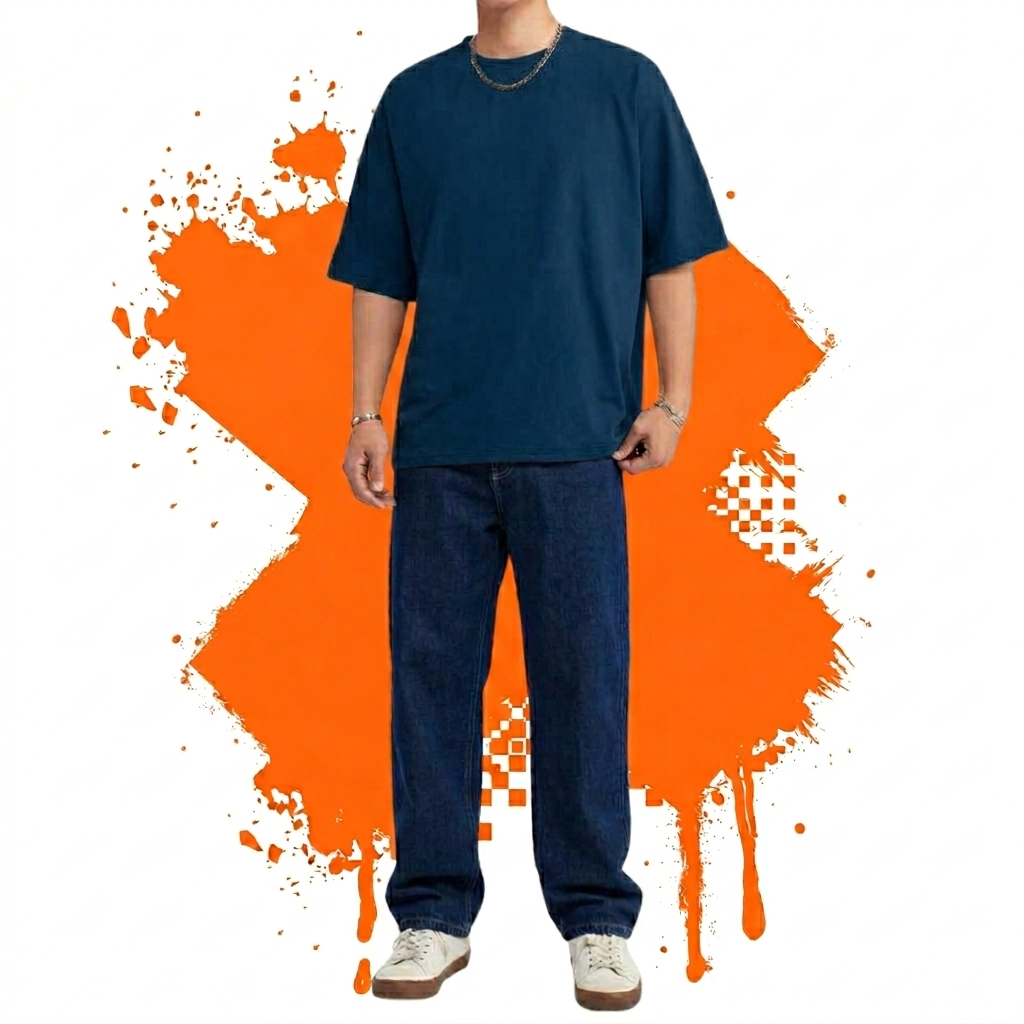 Black Down Shoulder T-Shirt & Light Blue Baggy Jeans - Image 5