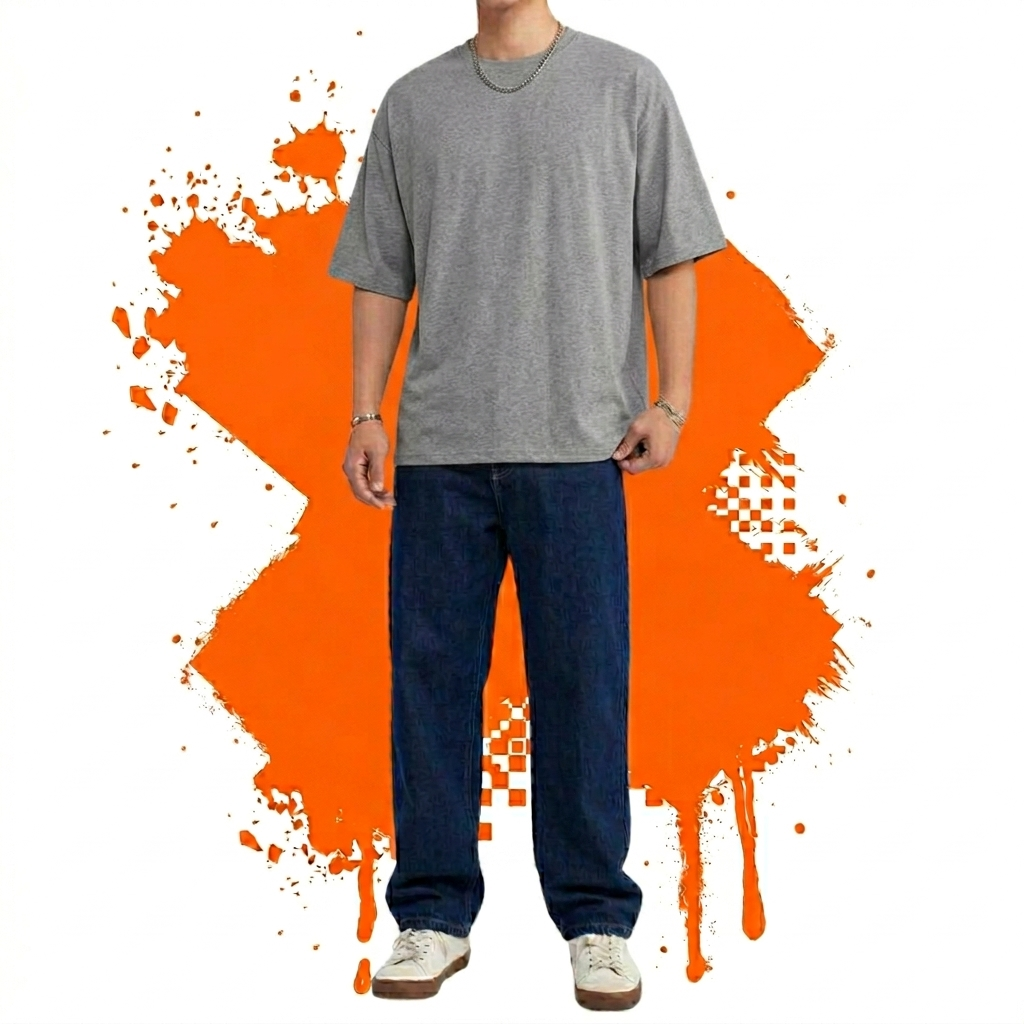 Black Down Shoulder T-Shirt & Light Blue Baggy Jeans - Image 4